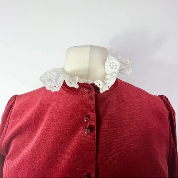 Vintage 70s/80s Jaeger Rust Red Cord Button Down Dress Lace Collar & Cuffs UK 10 - Picture 4 of 9